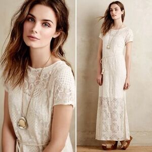 Anthropologie Lilka Bellflower Lace Maxi Dress XXSP short sleeve side slits
